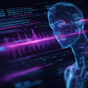 Ilustrasi visualisasi gelombang suara yang terintegrasi sempurna dengan bingkai video digital menggunakan teknologi AI.[/:id]